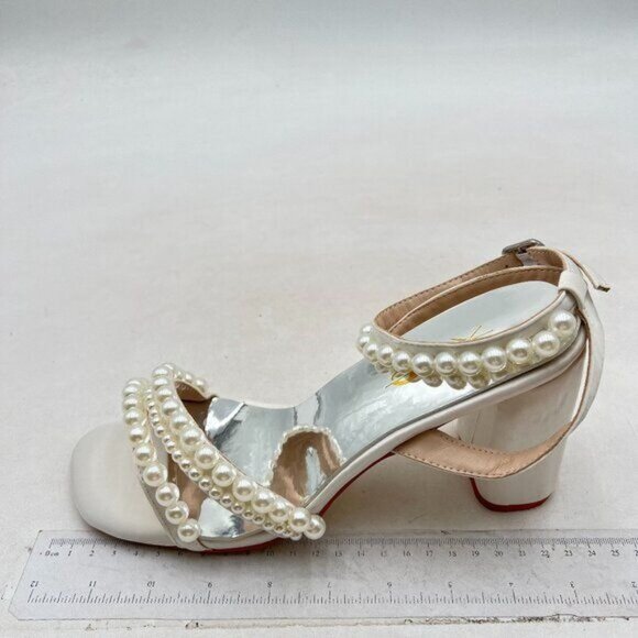 XYD Women's Pearl Strappy Bridal Open Toe Sandals Block High Heels Ankle Strap - Picture 2 of 7